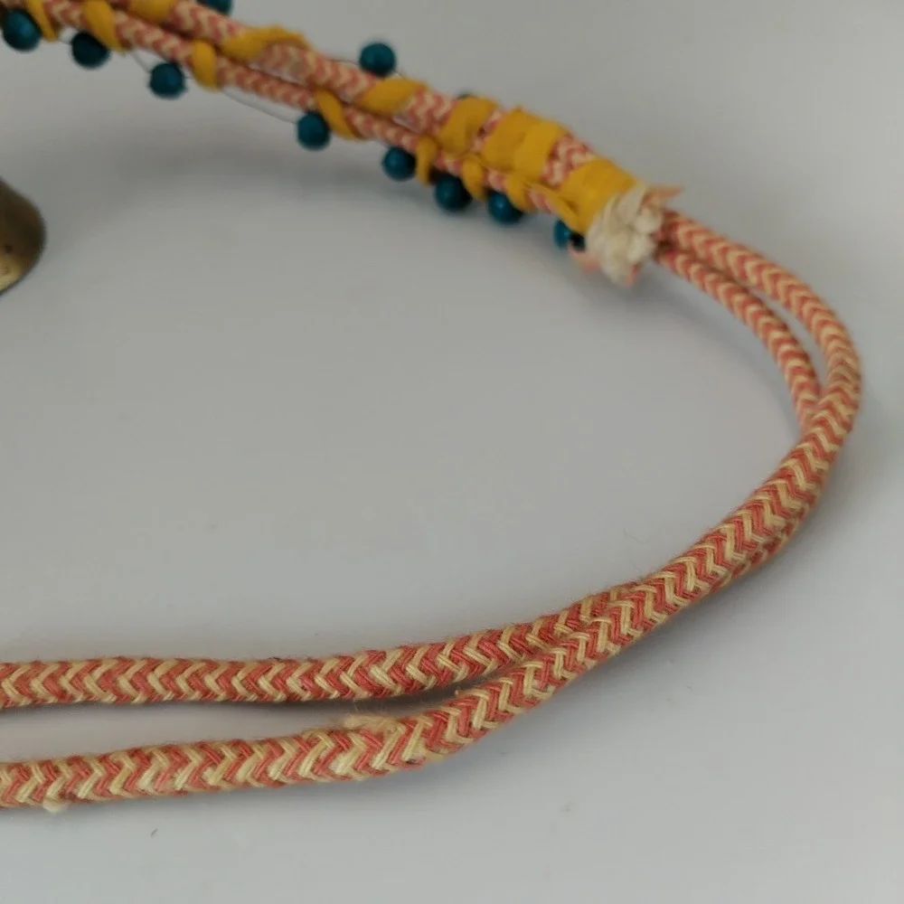 Vintage India Brass Bells on Rope String of 3 Beaded Door Hanger Boho Chime Vtg